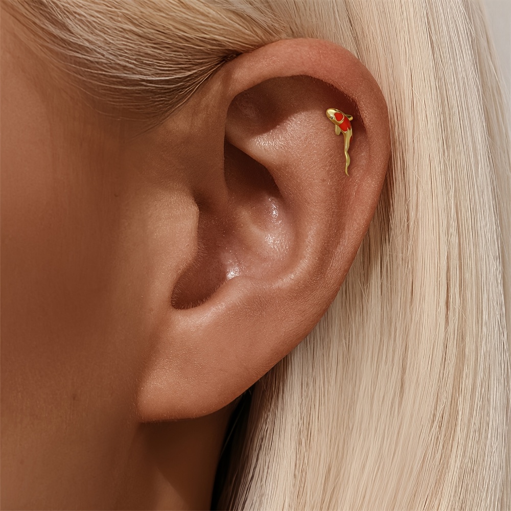 Women's 925 Silvery Koi Fish Enamel Flat Back Stud Earring